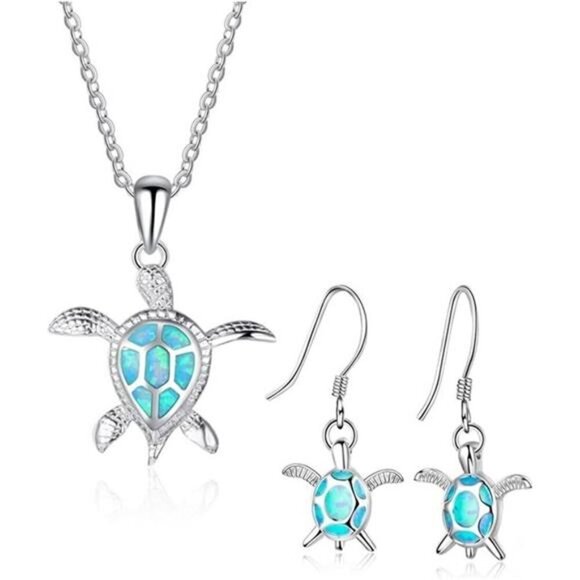 Turtle Necklace Earrings Set for Women Silver Opal Pendant Jewelry Fashion - Picture 1 of 6